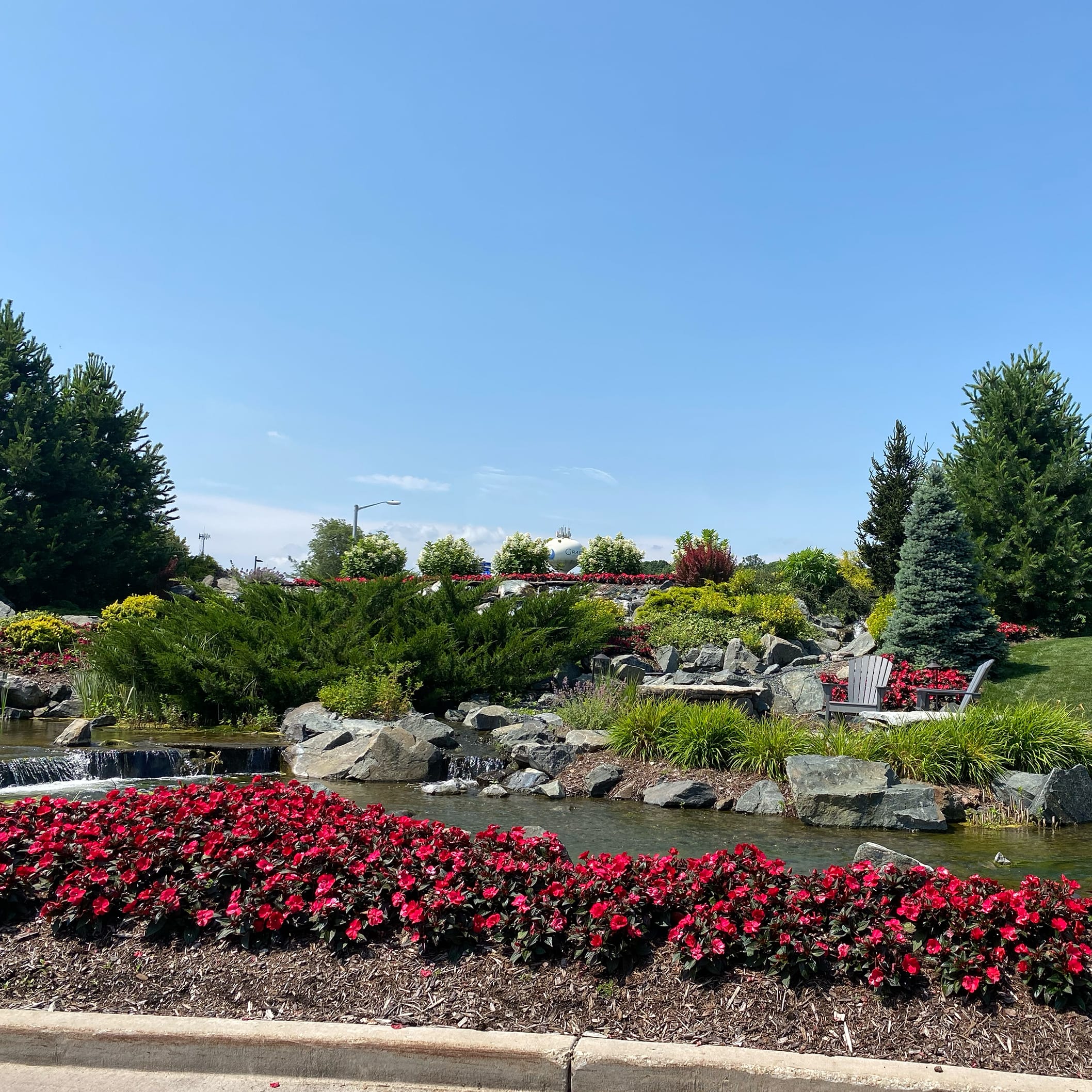Landscape focal point with flower and evergreens.